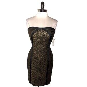 NEW AIDAN MATTOX Size 12 Sheath Dress Black Gold Shimmery Lace Strapless